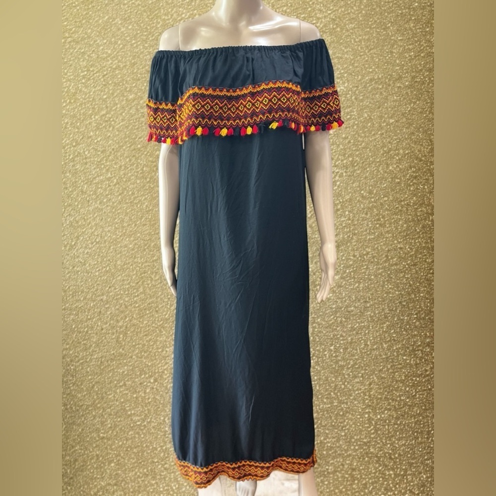 Hand crafted Off-Shoulder Black Maxi kaftan Dress with Orange Accents-L - Picture 2 of 7